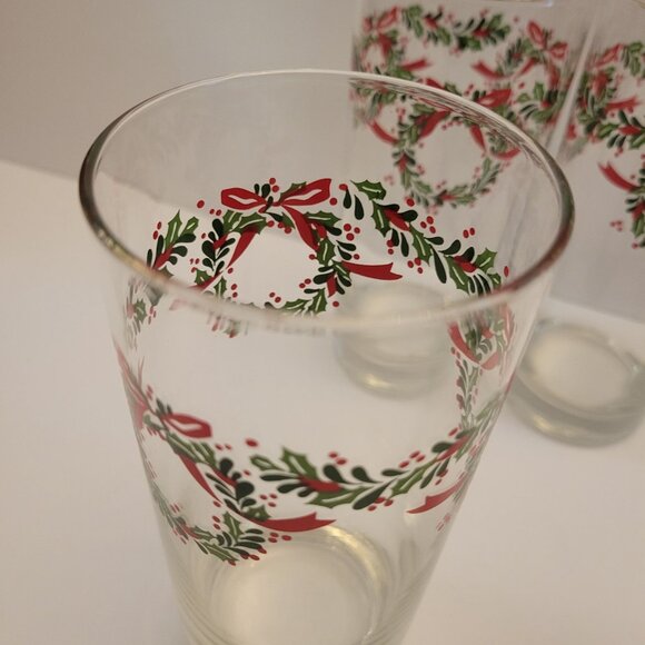 Set Of 4 Holiday Wreath Design Highball Glasses With Gold Rim 16 Oz Christmas De - Picture 5 of 6